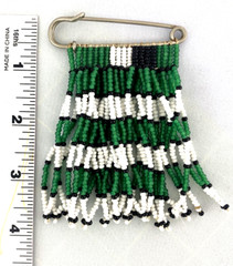 Large Handmade Woven seed beads Fringe on Saftey Pin Large Green, white , Black