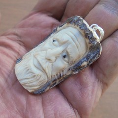 Mountain Man Wizard Carved Bone Pendant from Deer Antler with Plated Silver Bale