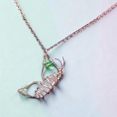 Handcrafted Wire-Wrapped Clear Quartz Pendant Copper Chain Green Bead