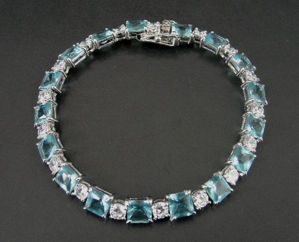 FAS Bracelet Silver Blue Stones Square Cubic Zirconia Sterling 925 Tennis