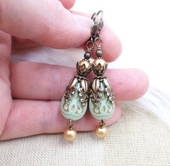 Antique Brass Victorian Style Earrings, Mint Green and Gold Acrylic Bead Jewelry