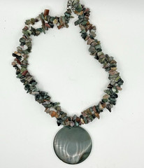 Watermelon Tourmaline & Jade Chips Y2K Necklace 16″ W/Round Green Stone Pendant