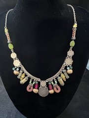 Ayala Bar Handcrafted Bead Charm Textile Fabric Silver Tone Necklace 15”+ Extend