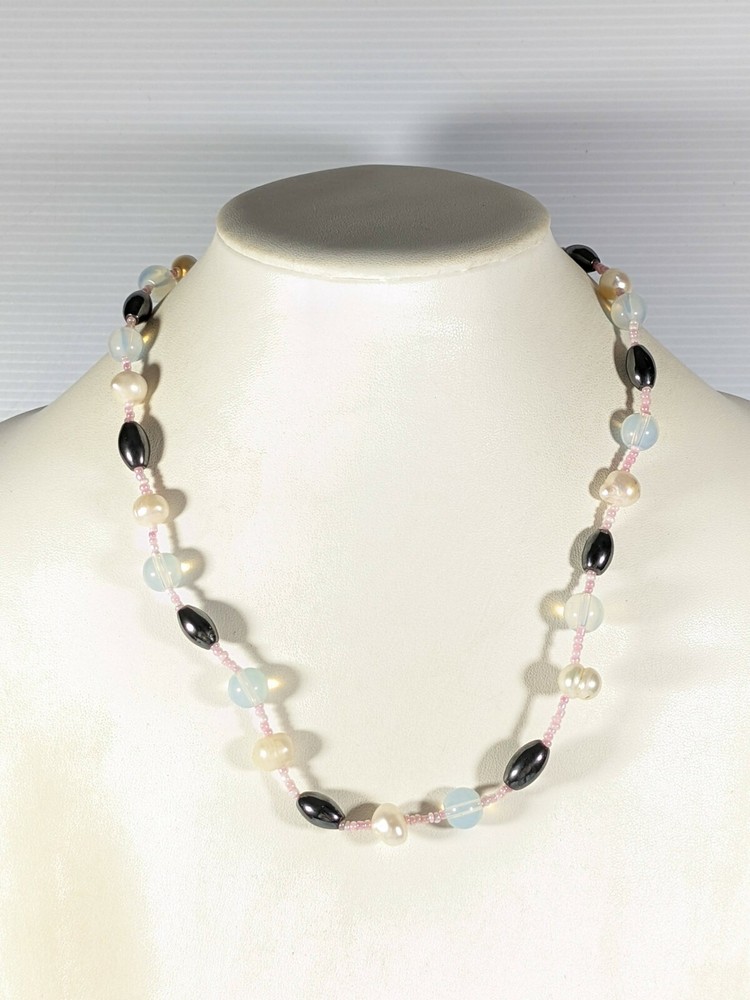 Artisan Silver Tone Gray Glass Bead Ivory Color Pearl Pink Necklace 20 inches