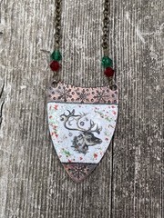 Glass Enameled Copper Reindeer Christmas necklace with Swarovski beads HANDMADE