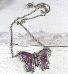 Fine Silver Plated Purple Enamel Butterfly Necklace Rolo Chain Vintage Style