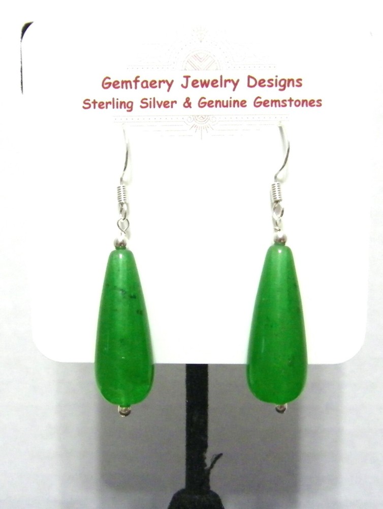 Sterling Silver Green JADE Teardrop Dangle Earrings #1913…Handmade USA
