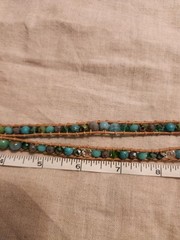 Handmade Turquoise Glass & Silver Seeds Beads Tan Leather Wrap Bracelet. NEW