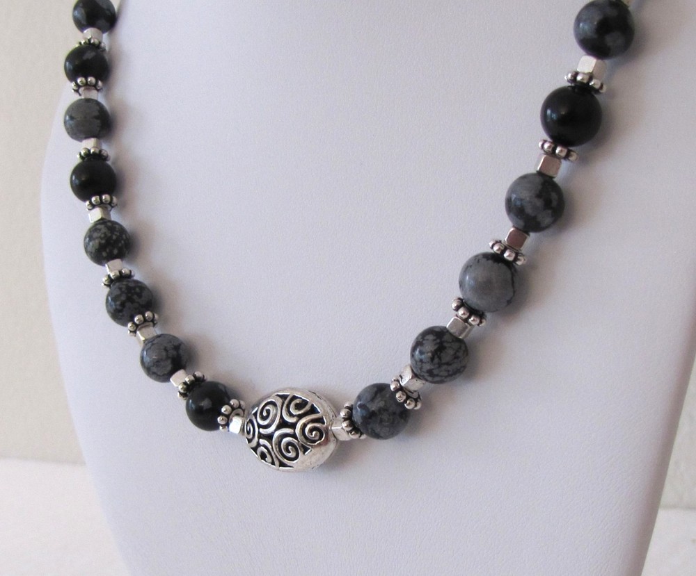 Snowflake Obsidian Necklace, Swirly Pewter, Sterling Lobster Clasp, Gift Box