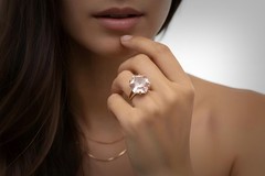 Rose Quartz Ring Anemone Jewelry Hexagon Cut Yellow Gold Solid Pink