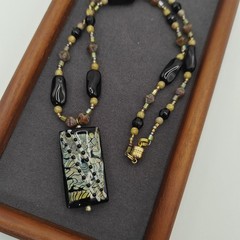 Artisan Lamp work Glass Necklace 17″ Black Brown Gold Tone