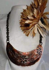 Necklace Brass Chain Large Brown MOP Crescent Shell Etched Bib Collarbone Vintag