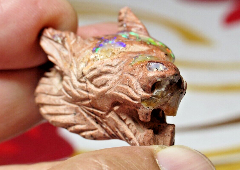 FIRE OPAL CARVING WOLF PENDANT CRYSTAL HEALING NECKLACE BEAD MINIATURE SCULPTURE