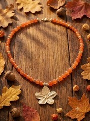 Handmade Orange Natural Stone Bead Necklace with Gold Flower Pendant