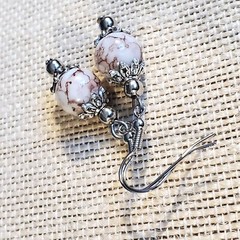Art Nouveau Mottled White Brown Glass Beads Antiqued Silver Earrings