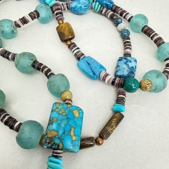 Artisan Beaded Lariat Tassel Necklace Turquoise Tigers Eye Sea Glass Blue Brown