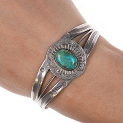 6″ c1940’s Navajo hand stamped sterling silver cuff bracelet with turquoise