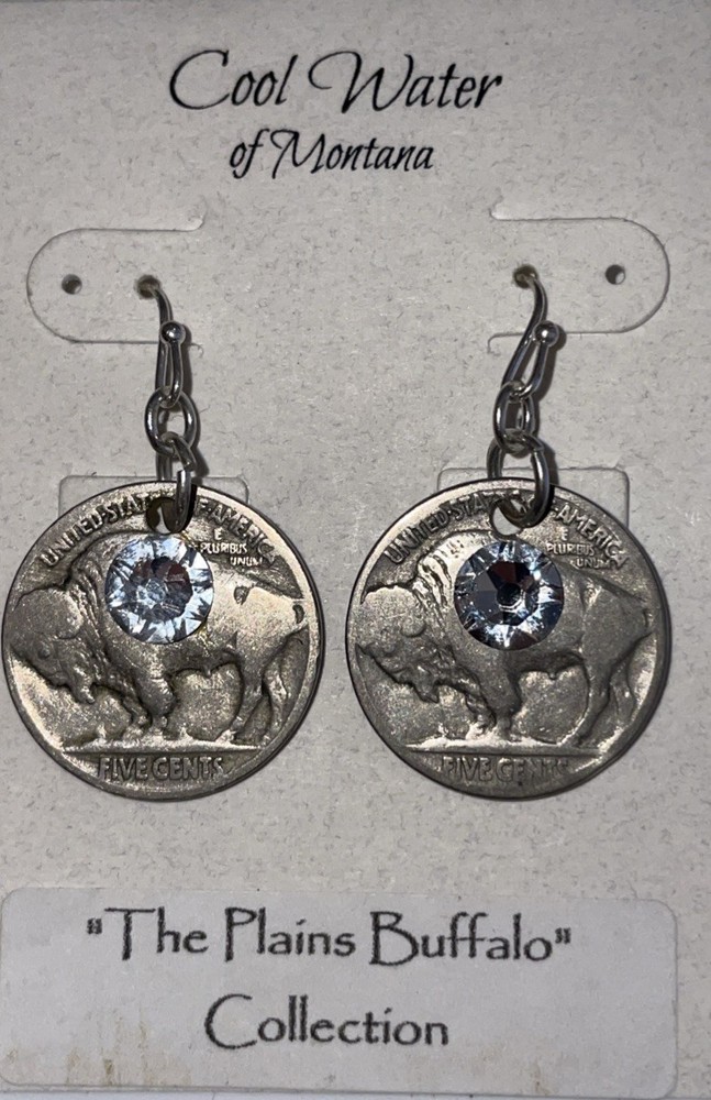 Vintage Authentic Cull Buffalo Nickel Jewelry Crystal Dangle Wire Earrings Women