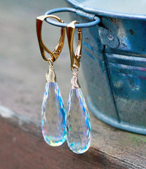 Lab Made Rainbow Moonstone Briolette Earrings 18k Yellow Gold Filled Handmade