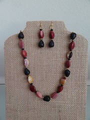 Australian Moukite, Black Lava Necklace and Dangle Earrings Set, Stone Necklace
