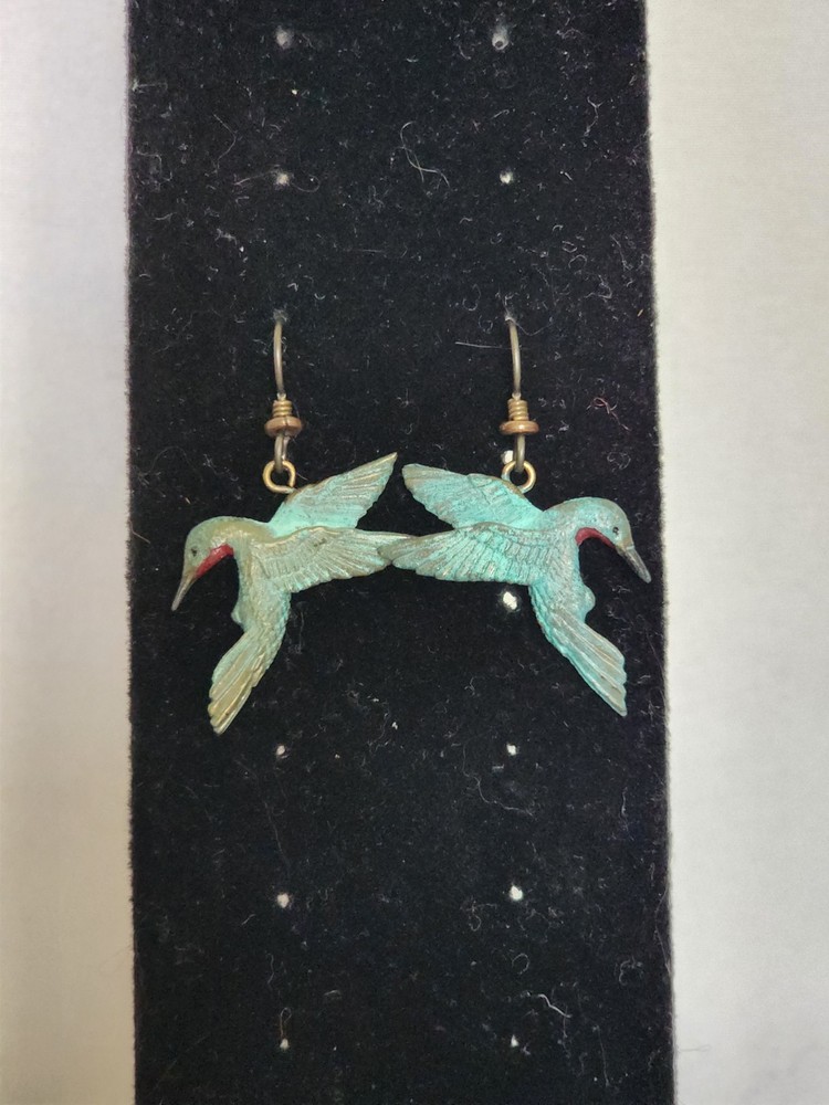 Signed Artisan Bronze Hummingbird Earrings Hand Patinated Bird Dangle Handmade