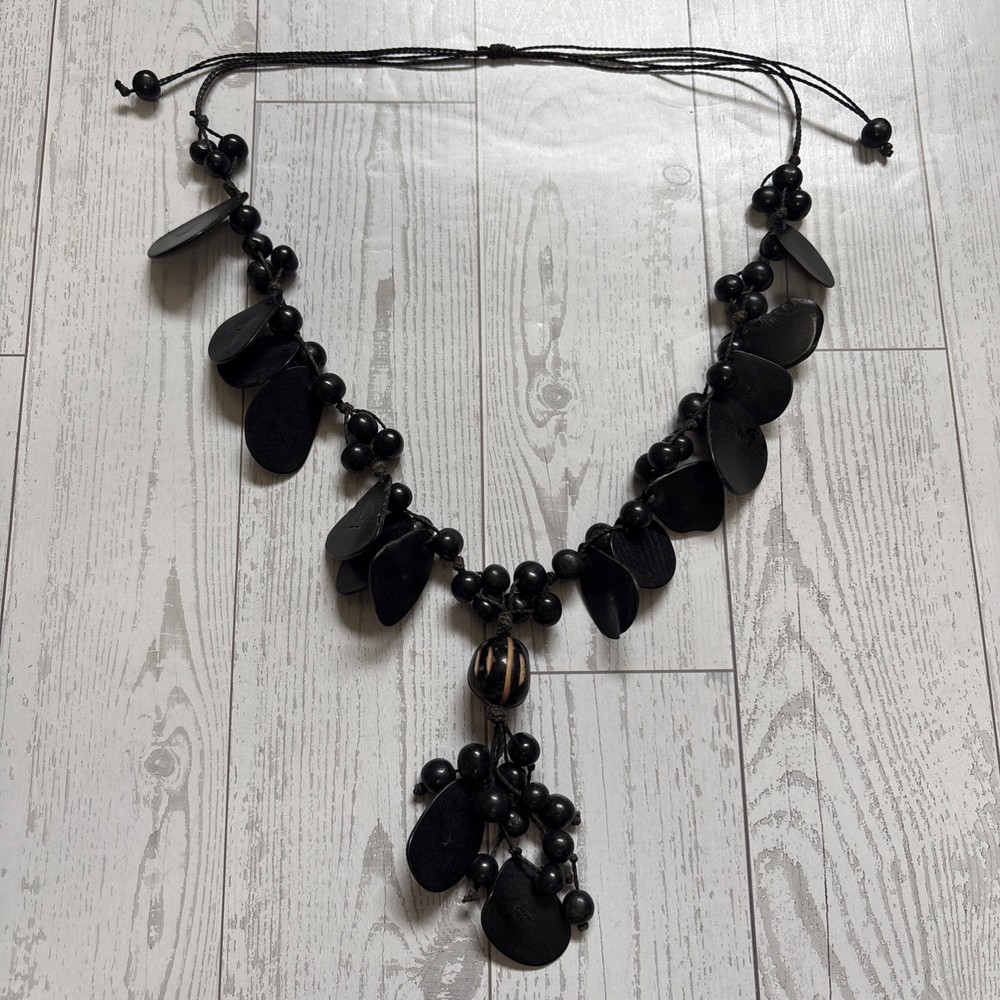 Handmade Black Wood Leaf Necklace Sandalwood Beads Adjustable Boho By JBeseda