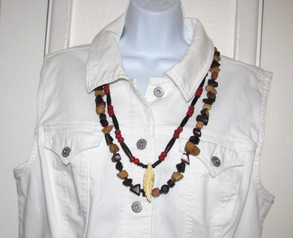 VTG Lot of 2 Chunky Wood Bead long Necklace Brown/black/red bone-feather-pendent