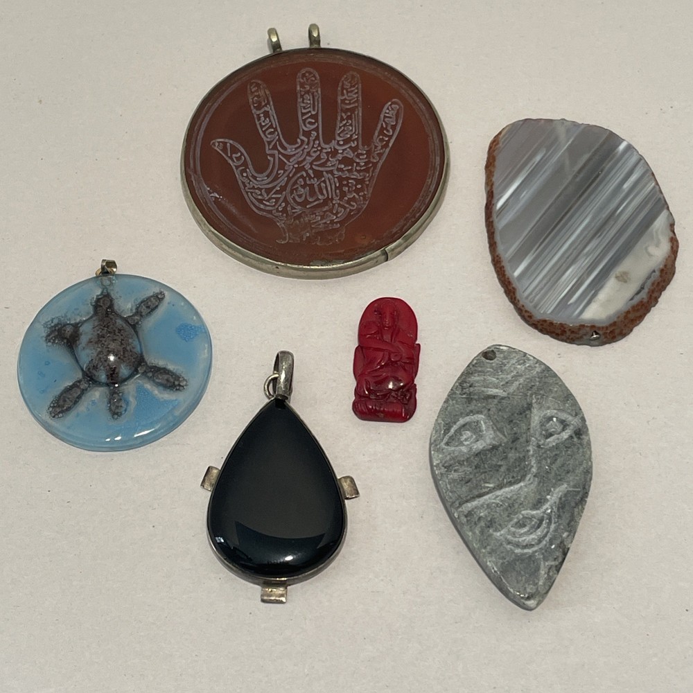 Vintage Lot Pendants Agate, Carnelian, Red Coral, Onyx, Soap Stone, Glass