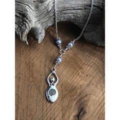 Silver Goddess Pendant Necklace: Pewter Charm with Freshwater Pearls