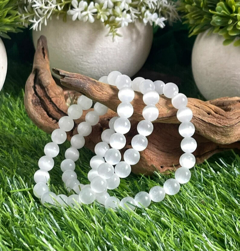 Natural Selenite 8mm Beaded Crystal Clear Gems Healing Energy Stretch Bracelet