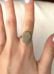 Natural Fossilized Coral Oval Stone Silver Tone Adjustable Handmade Ring
