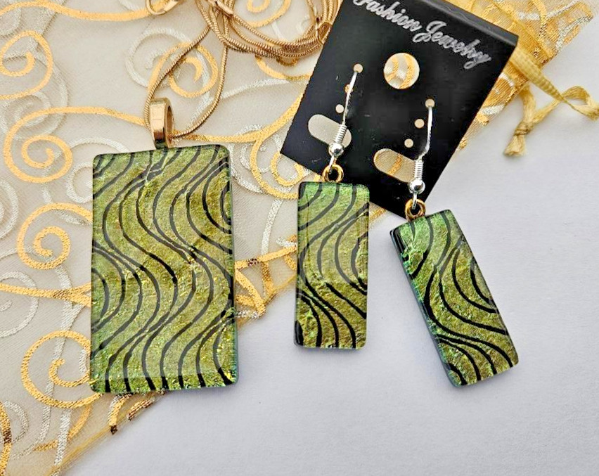 Handcrafted Fused Glass Gold/Black Dichroic Glass Pendant and Earring Set