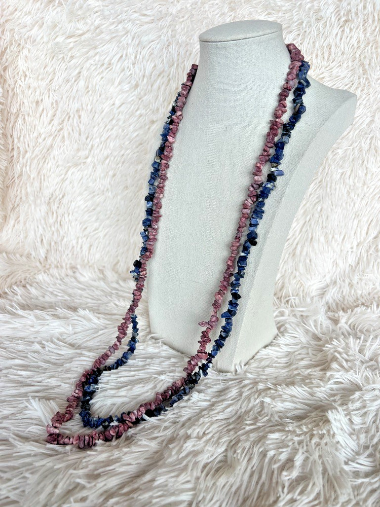 2 Necklaces Natural Stone Organic Earthy Blue Sodalite & Pink Rhodonite Coastal