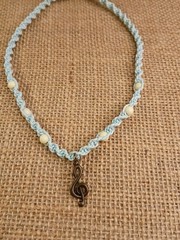 New Blue Hemp Necklace W/ Bronze Music Charm & White Beads 15 in Macrame