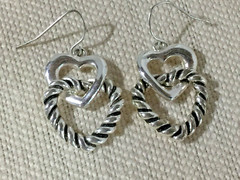 Lovely Artisan Silver Tone Double Heart Design Dangle Hook 1″ Earrings!