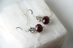 Quartz Dark Red Faceted 8mm x 10mm Roundel Earrings .925 Sterling Silver 1 1/4″