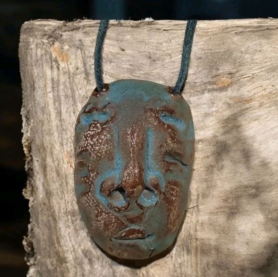 Talisman Clay Mask Pendant Necklace Indigenous Native Charm Signed LOST CAT