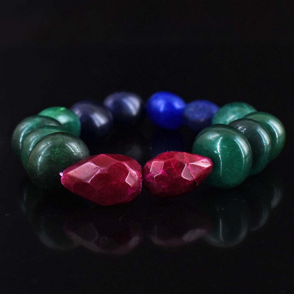 Pink Ruby, Emerald & Sapphire 322 Cts Beaded Stretchable Bracelet VK 22 E579