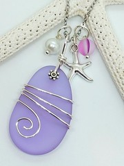 Sea Glass Necklace Jewelry w/ Lavender Pendant Silver Wire Wrapped Handcrafted