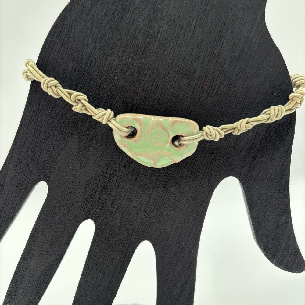 Handmade Ceramic Pendant Cord Bracelet Green Glaze Artisan 2000s