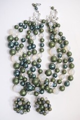 Vintage 5 Strand Avocado & Opalescent Bead Necklace & Clip Earrings-Japan