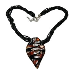 Murano Art Glass Necklace Pendant Black beaded layered Necklace twist Foil 21 in