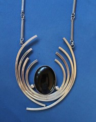 RARE Aaron Rubinstein Modernist Sterling Silver Onyx Pectoral Necklace 27″ 71gr