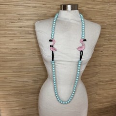 Artisan Wood Bead Necklace With Polymer Clay Flamingos
