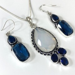 Opalite Sapphire Blue Topaz Necklace & Earrings Jewelry Set 925 Sterling Silver