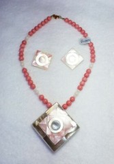 Signed~KARLA~JORDAN~Multi-Stone~Necklace~Pierced~Earring~Set MOP~Quartz #B4130