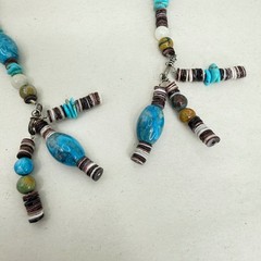 Artisan Beaded Lariat Tassel Necklace Turquoise Tigers Eye Sea Glass Blue Brown