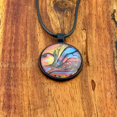 Pendant Necklace Handmade «Fountain Flow» Black Bezel 25mm Black Cord