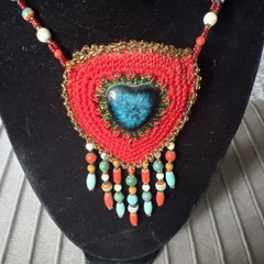 VTG Macrame Boho Necklace w/Blue Center Stone Hidden Pocket Seed Tassel Beads