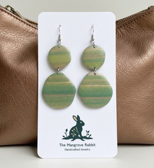 Polymer Clay Large Dangle Earrings Green Gold Bronze Stripe Handmade SS Posts